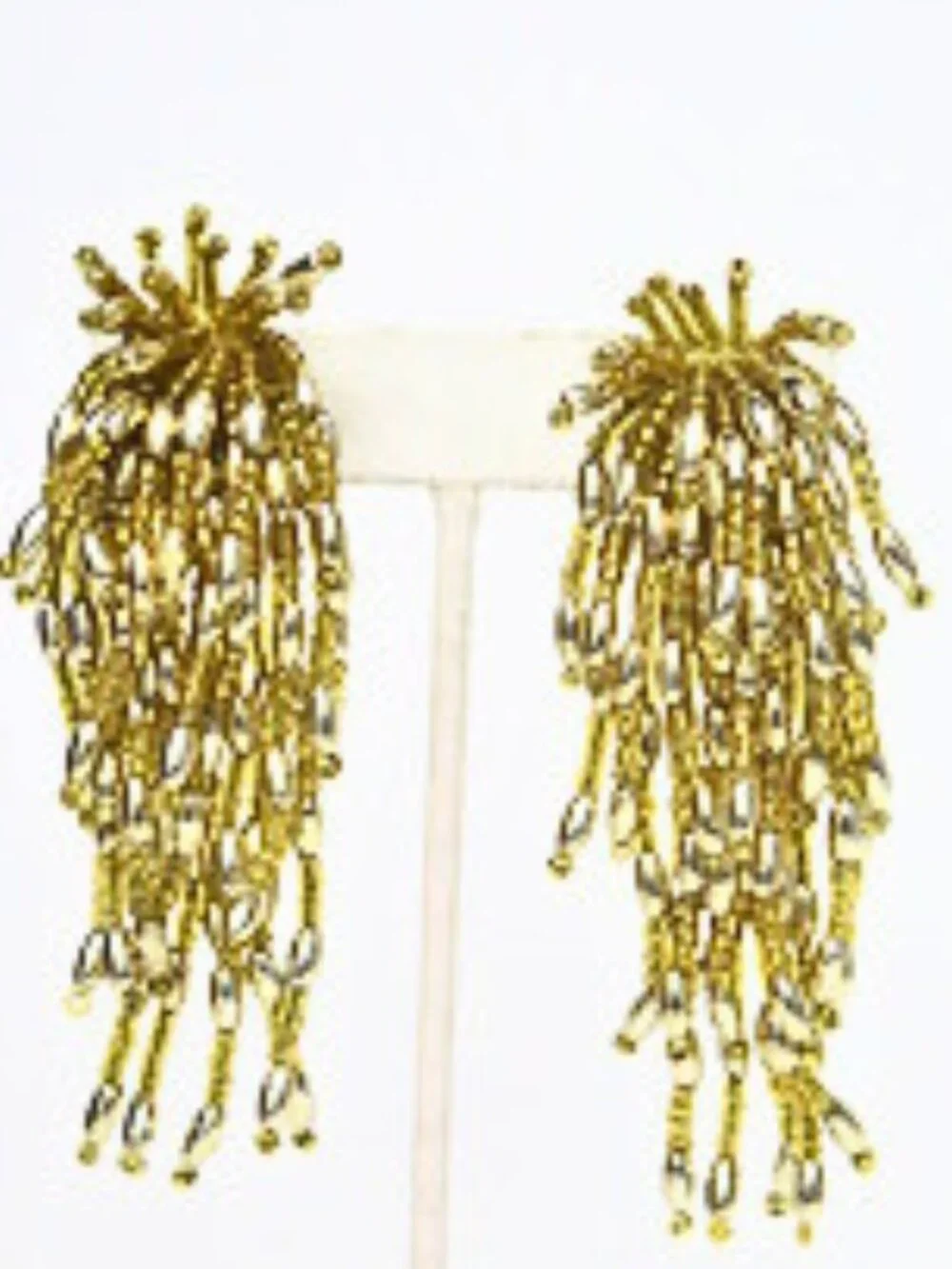Vintage Gold Tone Waterfall Tassel Clip-On Earrings Statement Estate Jewelry